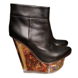 Jeffrey Campbell Rave Ankle Boots Size 6 M Black Leather Glitter Wedge Platform